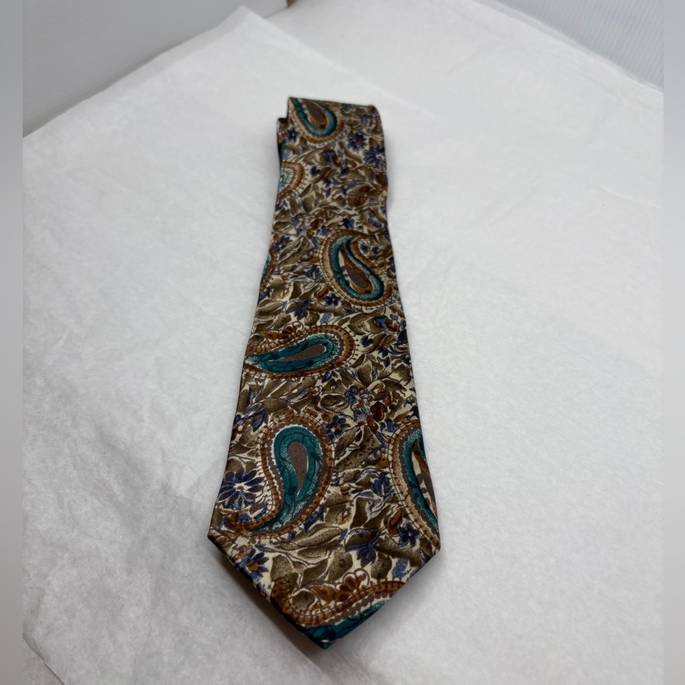 Geoffrey Beene Vintage 100% Silk Olive Green/Blue Paisley Italy USA 70s 80s